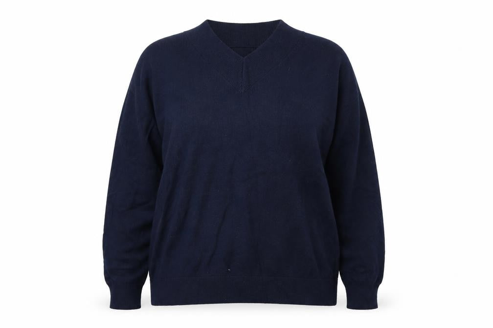 Front view of Marks & Spencer women’s blue v-neck viscose jumper, size M