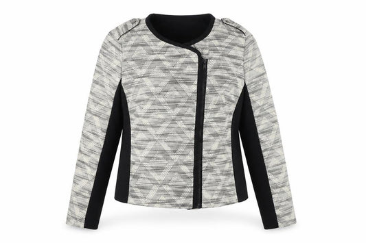 Front view of Tu women’s multicoloured geometric jacket, size UK 12, zip