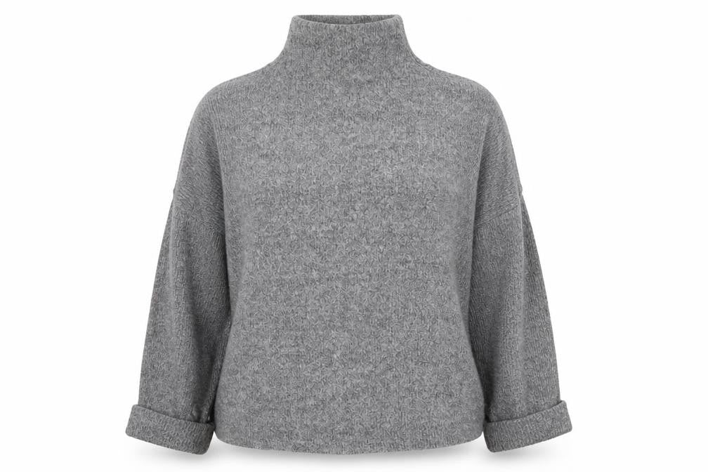Front view of Primark women’s grey mock neck polyester jumper, size UK 12