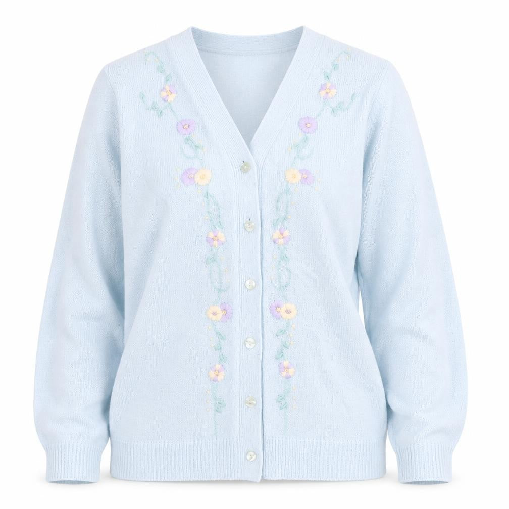 Front view of Bonmarché women’s blue v-neck acrylic jumper, size M