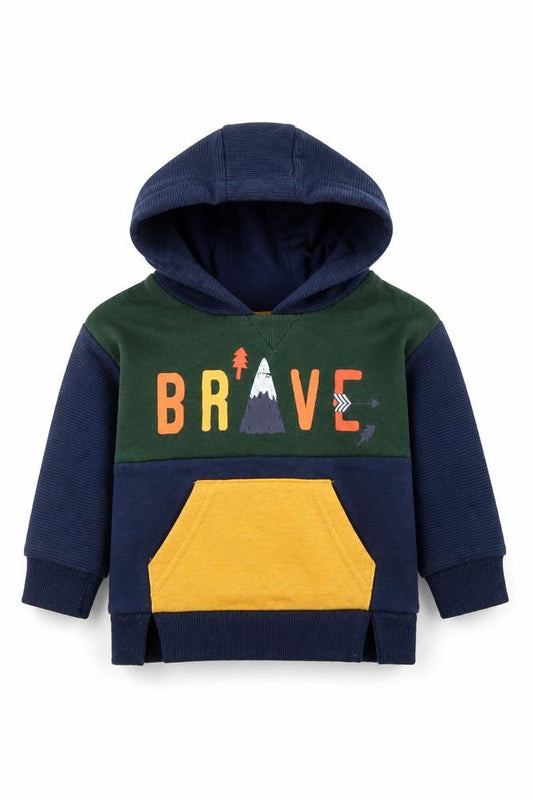 Front view of Primark boys’ blue cotton jumper, size 3-6, months - brave