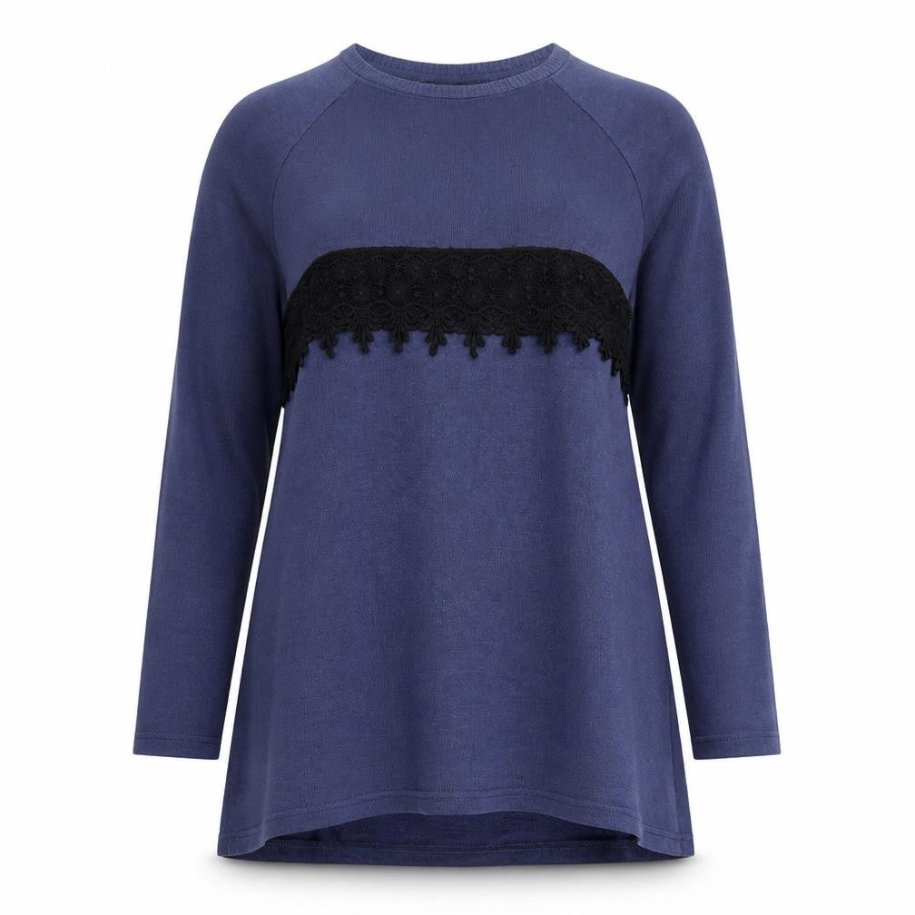 Front view of Marks & Spencer women’s blue round neck polyester jumper, size UK 12