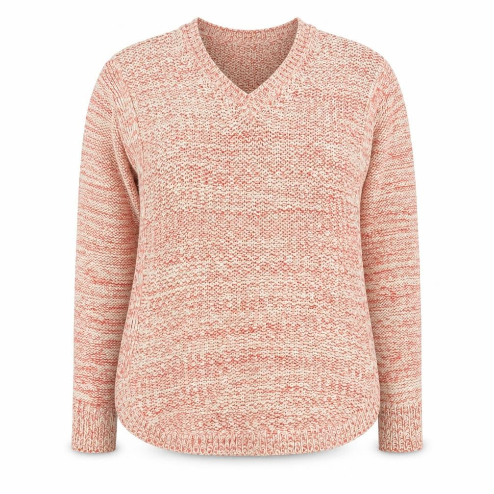Front view of marks women’s red v-neck acrylic jumper, size UK 12