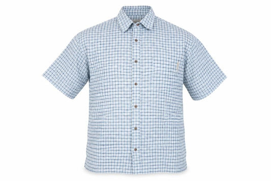 Front view of Regata men’s grey check polyester button-up, size 14.5 collared