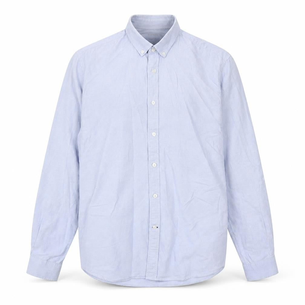 Front view of Dunnes men’s blue cotton button-up, size M, collared button