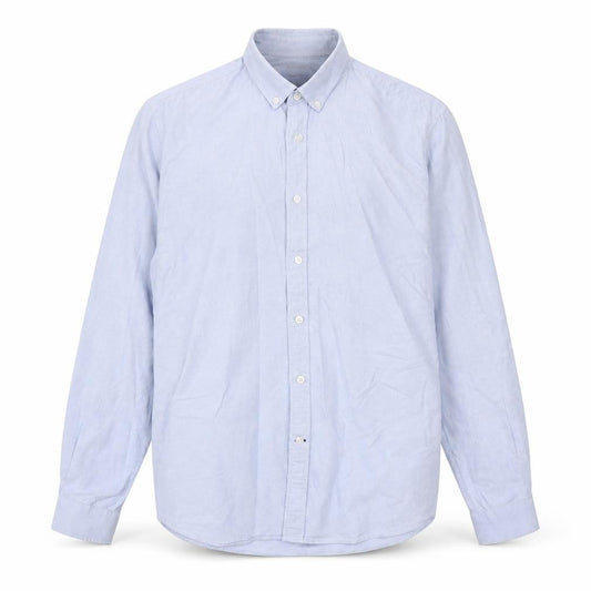 Front view of Dunnes men’s blue cotton button-up, size M, collared button