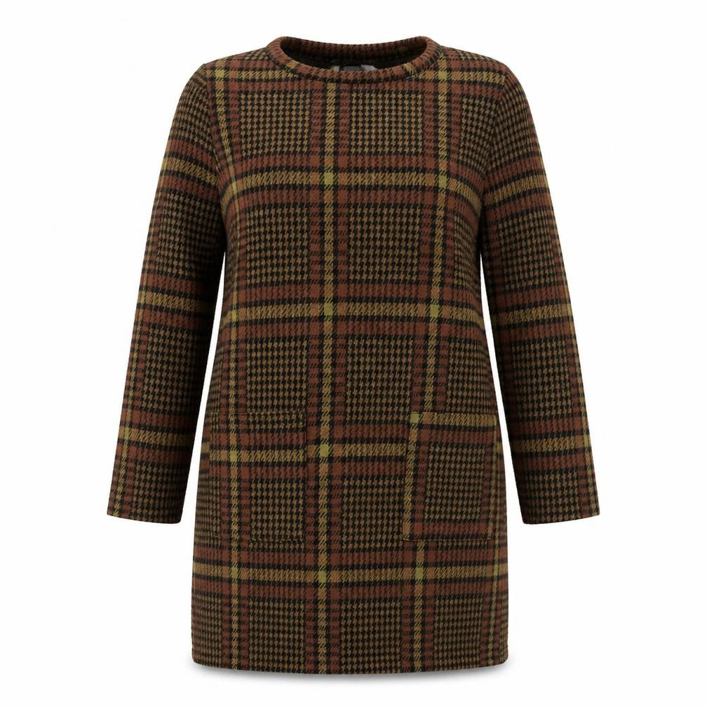 Front view of Tu women’s brown plaid polyester a-line, size UK 12, scoop neck pullover