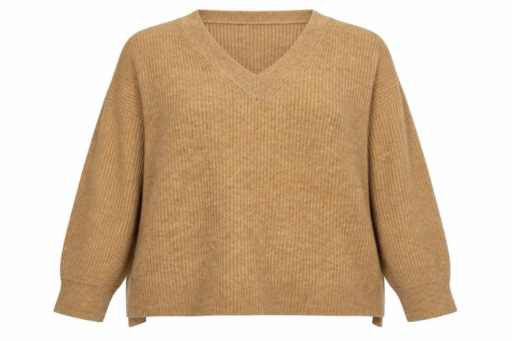 Front view of Primark women’s brown round neck acrylic jumper, size 2XL