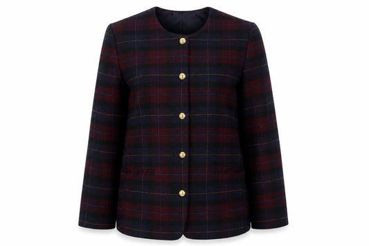 Front view of OPUS women’s multicoloured plaid jacket, size UK 14