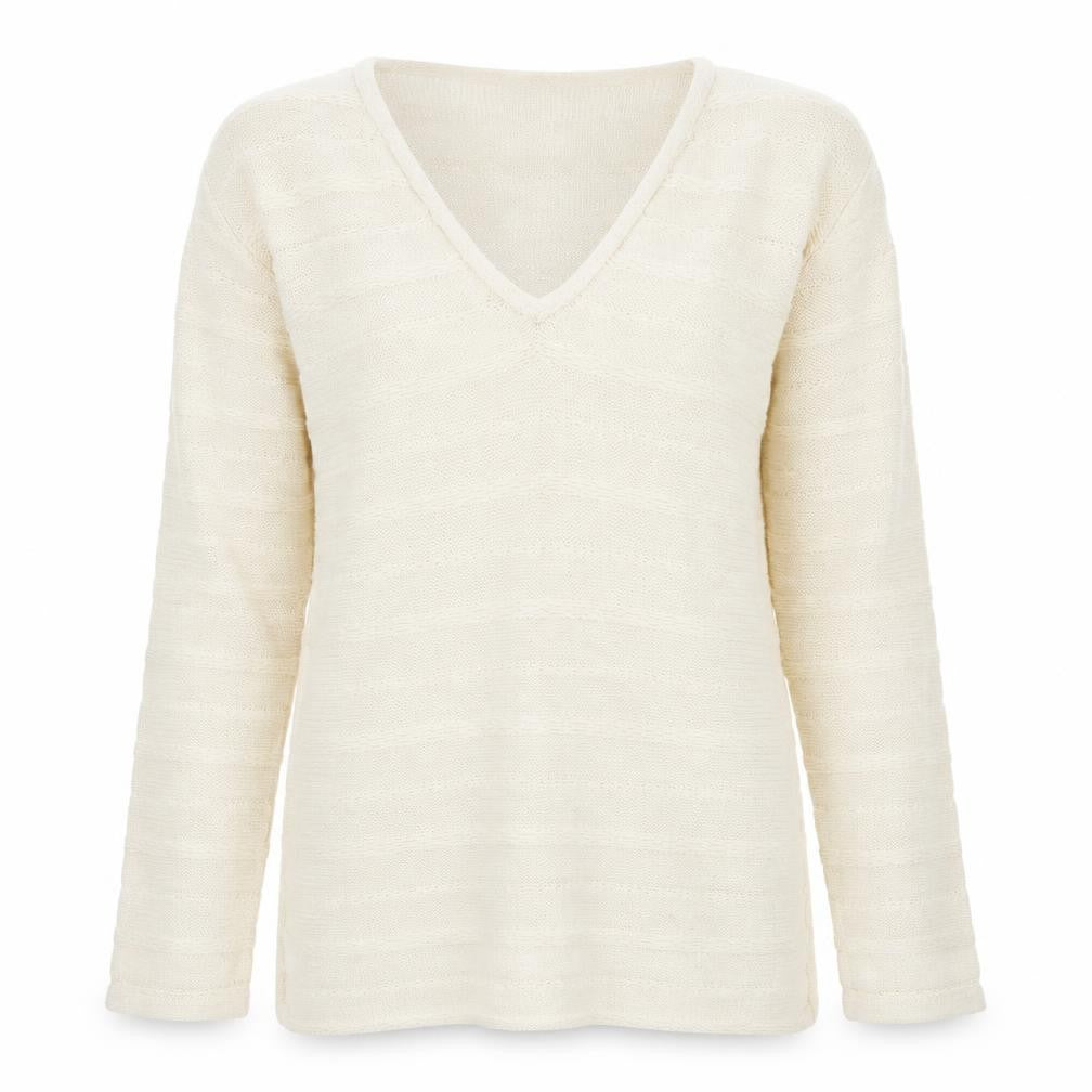 Front view of Willi Smith women’s beige v-neck cotton jumper, size S