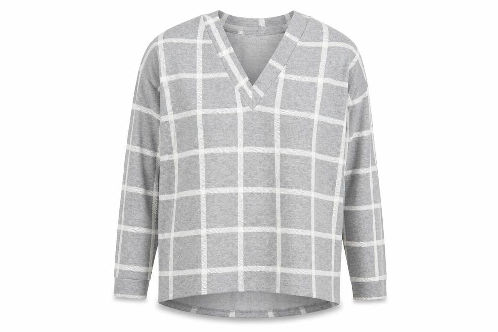Front view of River Island women’s grey v-neck check polyester jumper, size UK 8