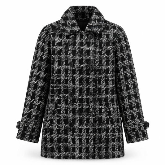 Front view of Effecti moda women’s black plaid jacket, size S, button