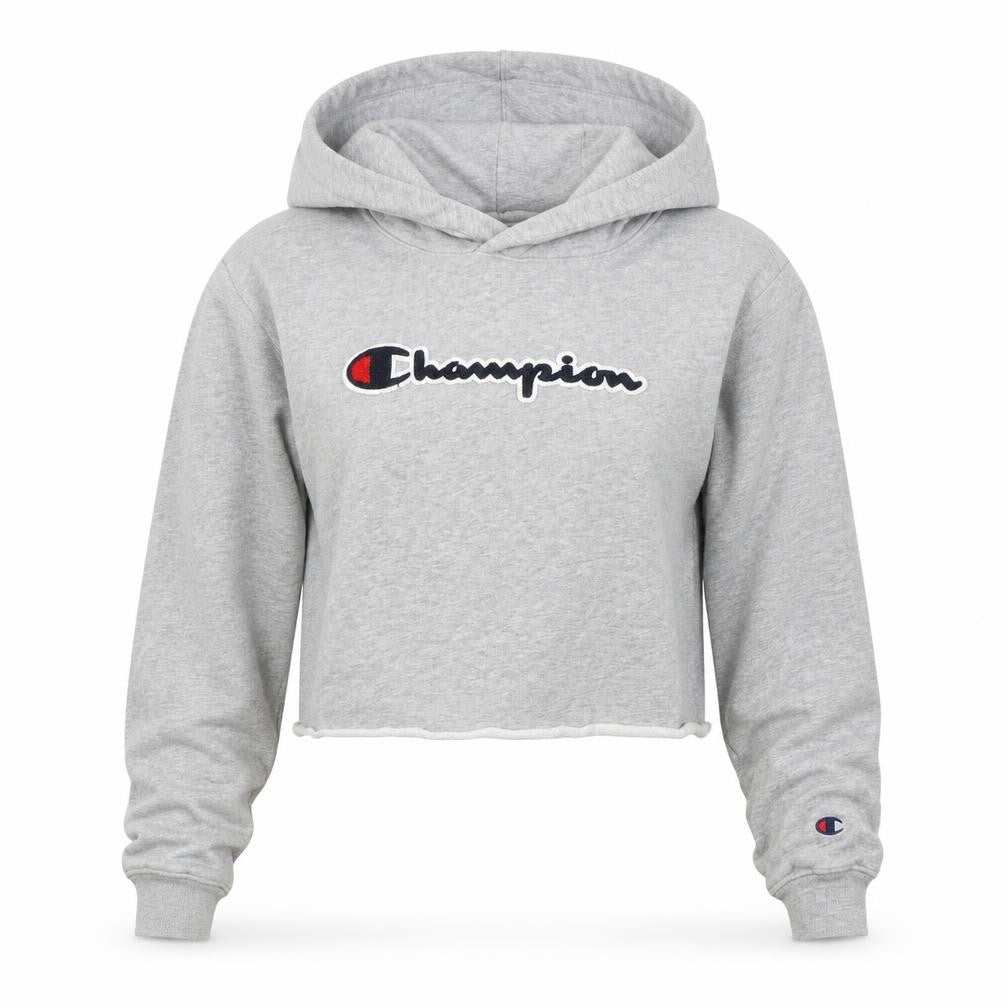 Front view of Champions women’s grey cotton pullover hoodie, size XS, pullover