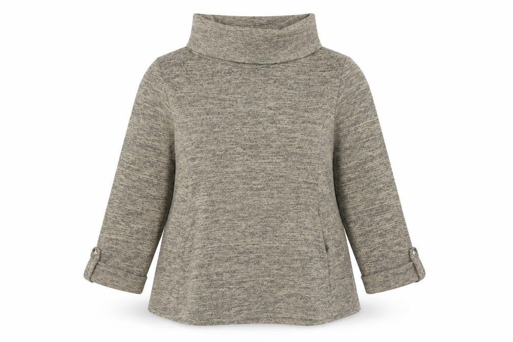 Front view of Preworn women’s brown roll neck polyester jumper, size UK 16