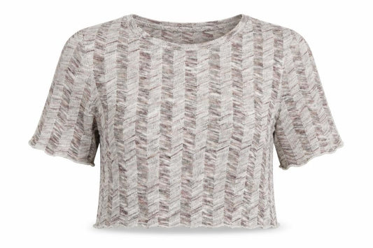 Front view of Select women’s multicoloured herringbone acrylic cropped t-shirt, size UK 12, round neck