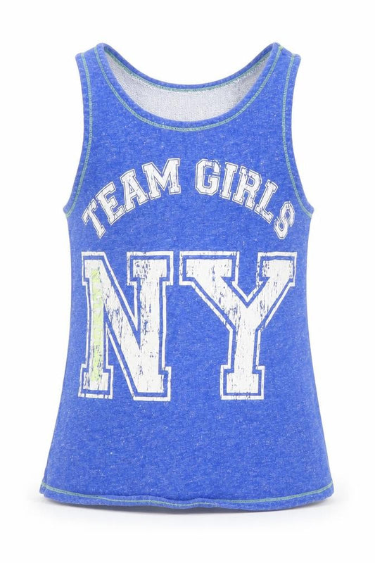 Front view of Next girls’ blue cotton camisole tank, size 8, years round neck - ny