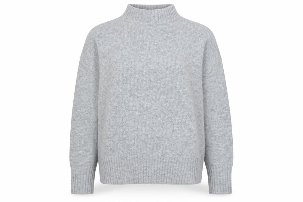 Front view of Warehouse women’s grey mock neck acrylic jumper, size UK 12