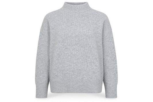 Front view of Warehouse women’s grey mock neck acrylic jumper, size UK 12