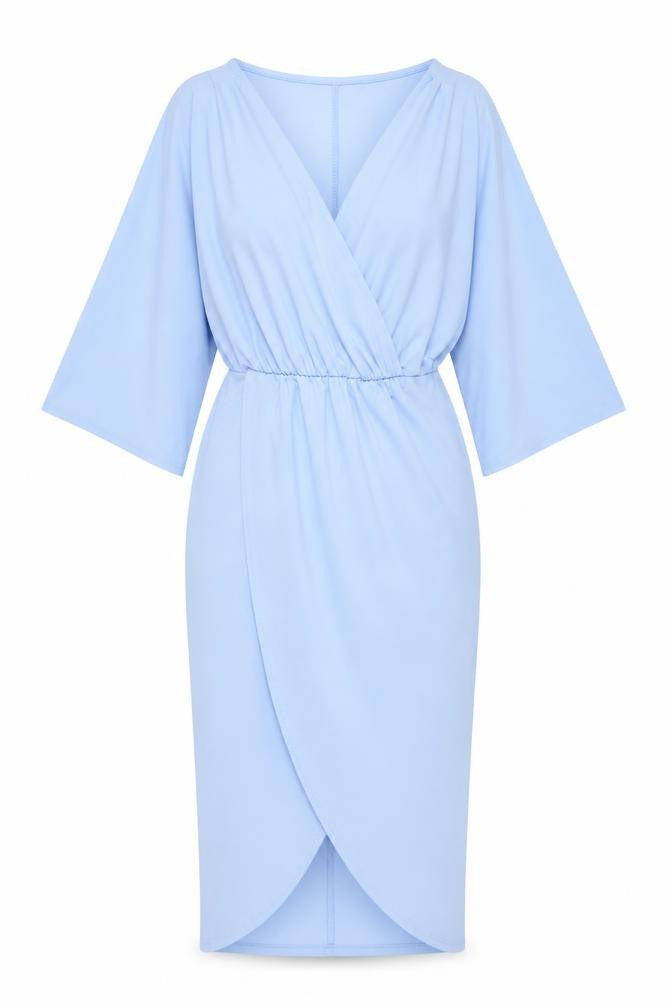Front view of PRETTYLITTLETHING women’s blue polyester sheath, size UK 8, v-neck