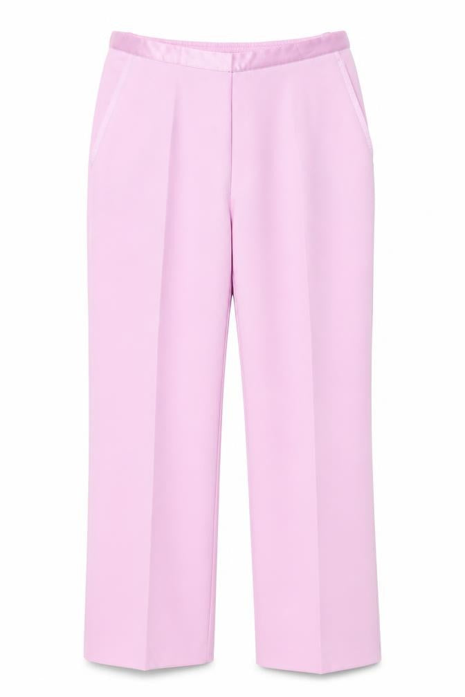 Front view of Damart women’s purple polyester trousers, size UK 14, 28-inch leg regular