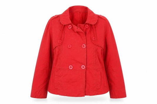 Front view of MK women’s red jacket, size UK 16, button