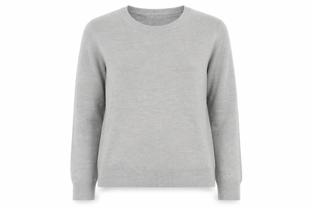 Front view of Marks & Spencer women’s grey round neck acrylic jumper, size UK 10