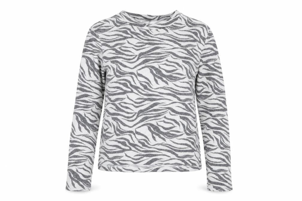 Front view of H&M women’s grey round neck animal print viscose jumper, size XS