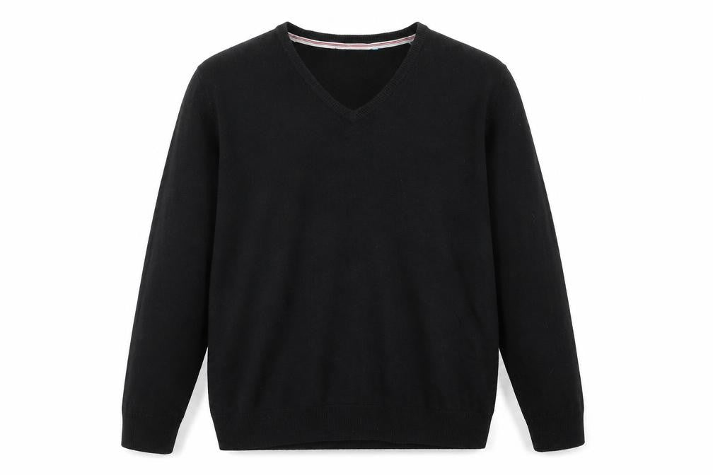 Front view of Matalan men’s beige v-neck acrylic jumper, size L