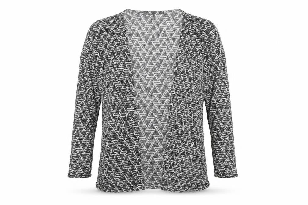 Front view of H&M women’s grey v-neck geometric polyester cardigan jumper, size XS