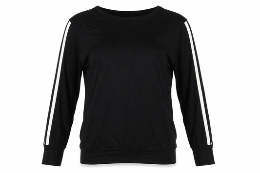 Front view of Boohoo women’s black viscose jersey t-shirt, size UK 6, round neck