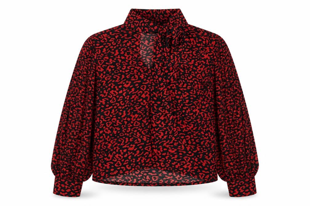 Front view of Zara women’s black animal print polyester basic blouse, size M, v-neck