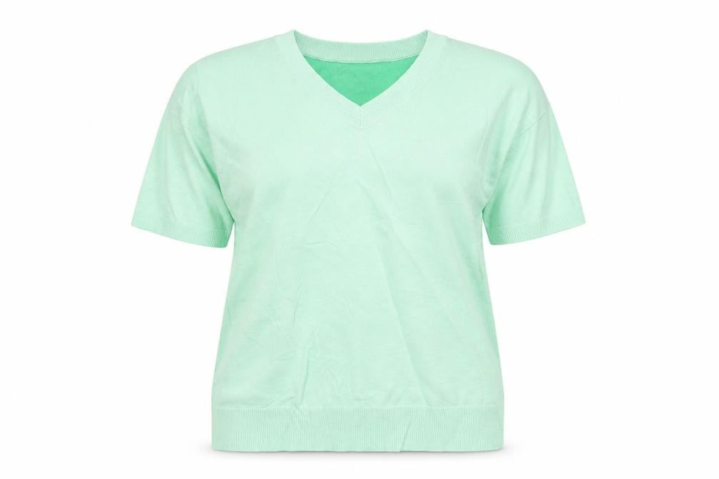 Front view of Marks & Spencer women’s green v-neck viscose jumper, size UK 8