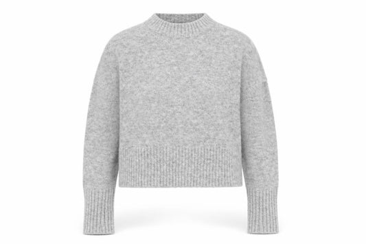 Front view of BDG women’s grey round neck acrylic jumper, size S, - cropped