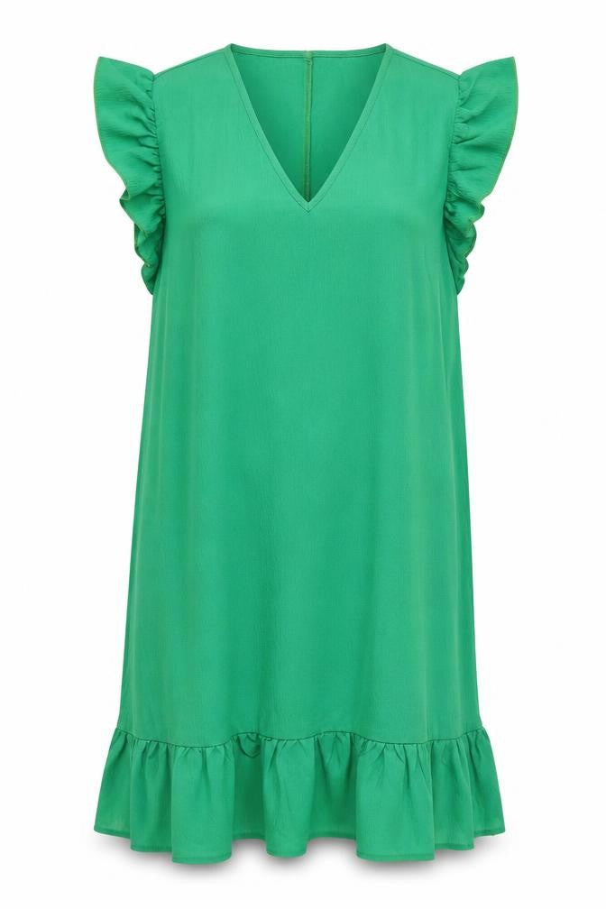 Front view of SHEIN women’s green polyester shift, size UK 6, v-neck - ruffle, frill