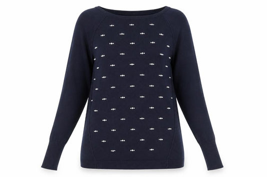 Front view of Oasis women’s blue round neck polyester jumper, size S