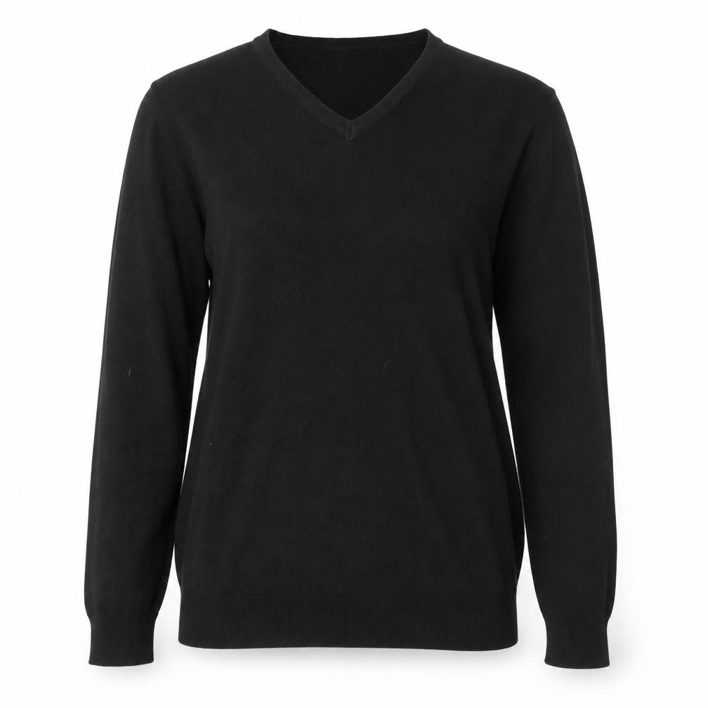 Front view of Studio women’s black v-neck acrylic jumper, size S