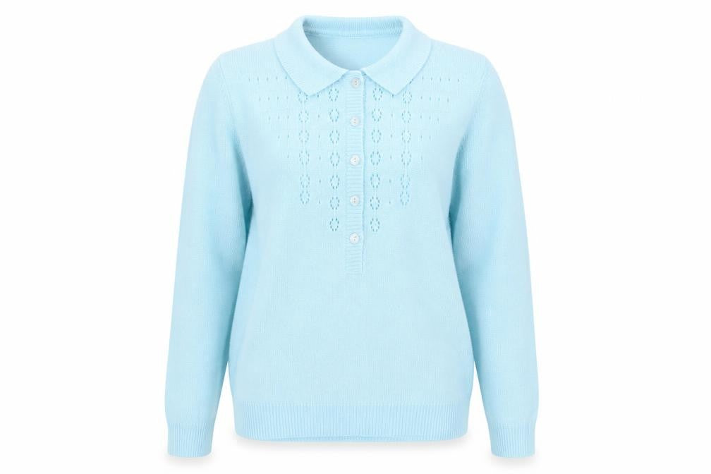 Front view of Preworn women’s blue collared acrylic jumper, size M