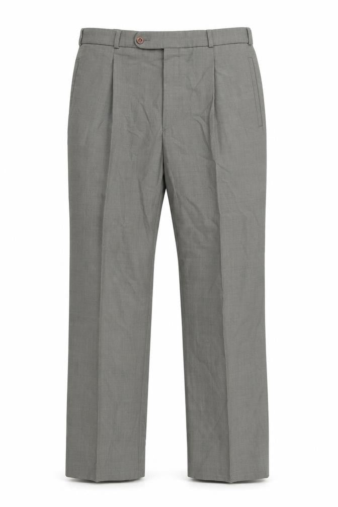 Front view of Ela Flex men’s grey polyester trousers, size 32, 31-inch leg regular button