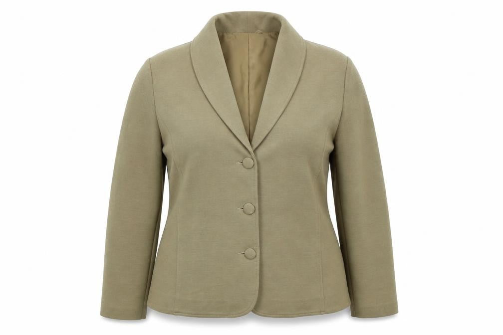 Front view of Gray & Osbourn women’s beige jacket, size UK 18, button