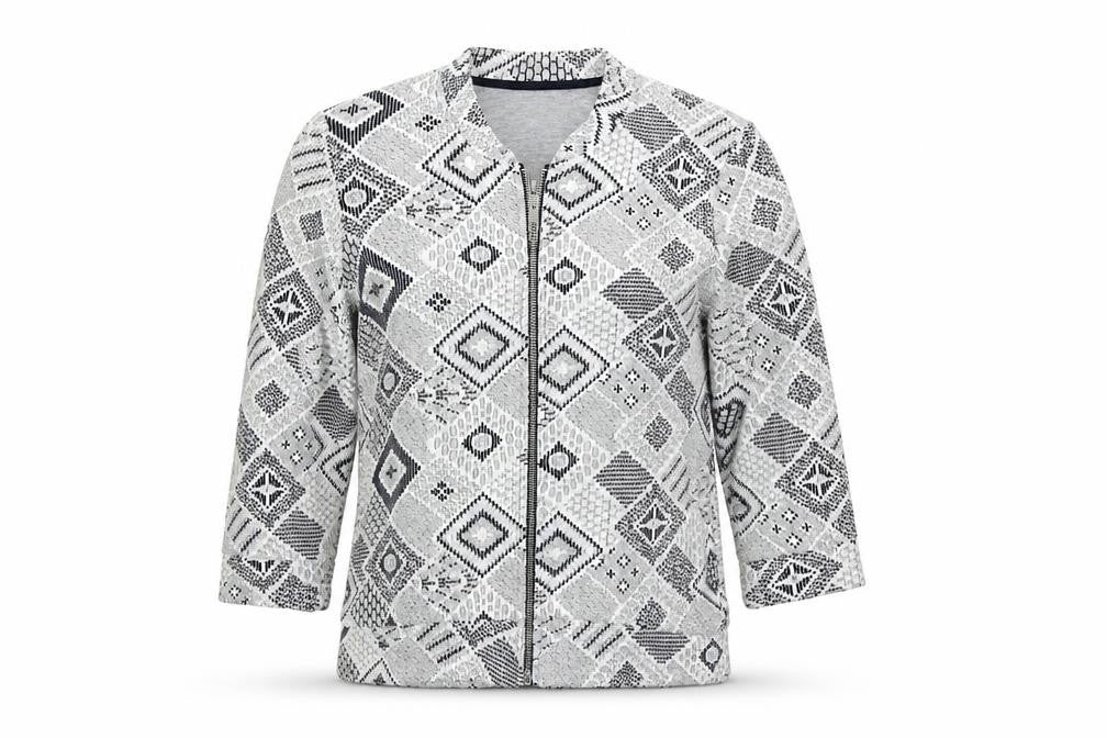 Front view of River Island women’s grey animal print jacket, size UK 8, zip