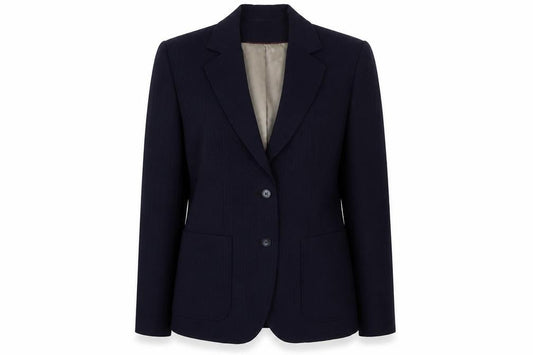 Front view of Next women’s blue striped polyester jacket suit jacket, size UK 12