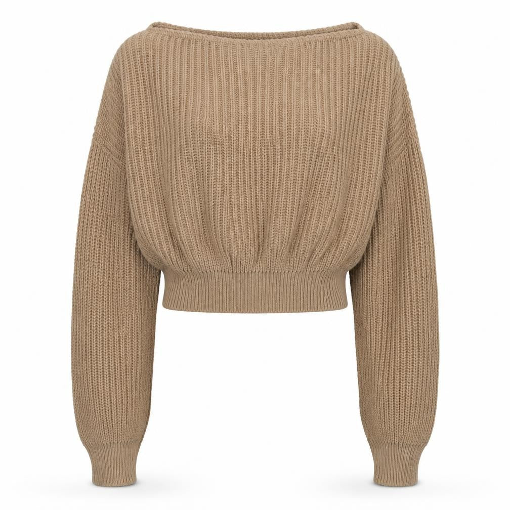 Front view of Boohoo women’s beige square neck acrylic jumper, size M