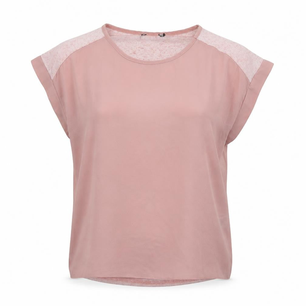 Front view of New Look women’s pink polyester basic t-shirt, size UK 6, round neck