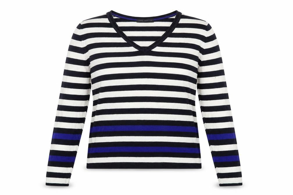 Front view of Marks & Spencer women’s multicoloured v-neck striped acrylic jumper, size UK 14
