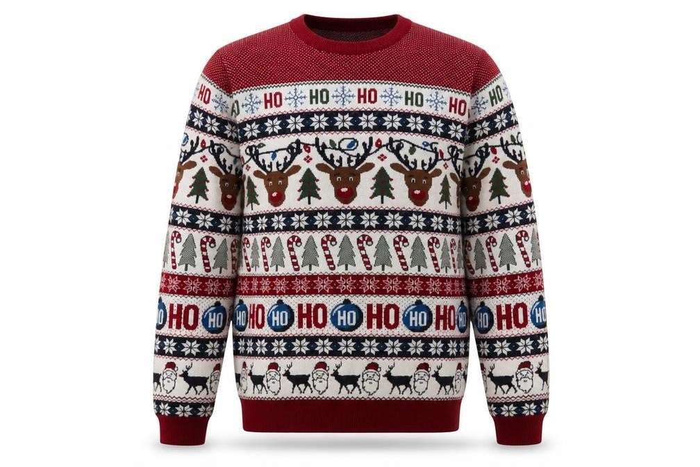 Front view of Next men’s multicoloured geometric acrylic pullover sweatshirt, size M