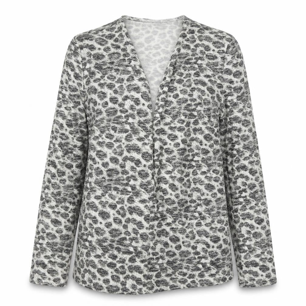 Front view of Atmosphere women’s multicoloured v-neck animal print polyester cardigan jumper, size UK 10