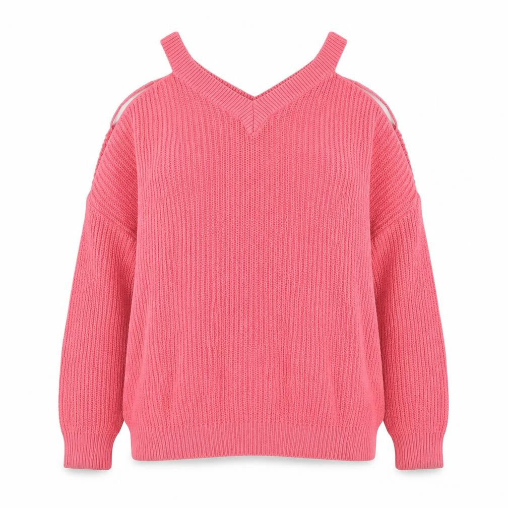 Front view of Atmosphere women’s pink v-neck acrylic jumper, size UK 6