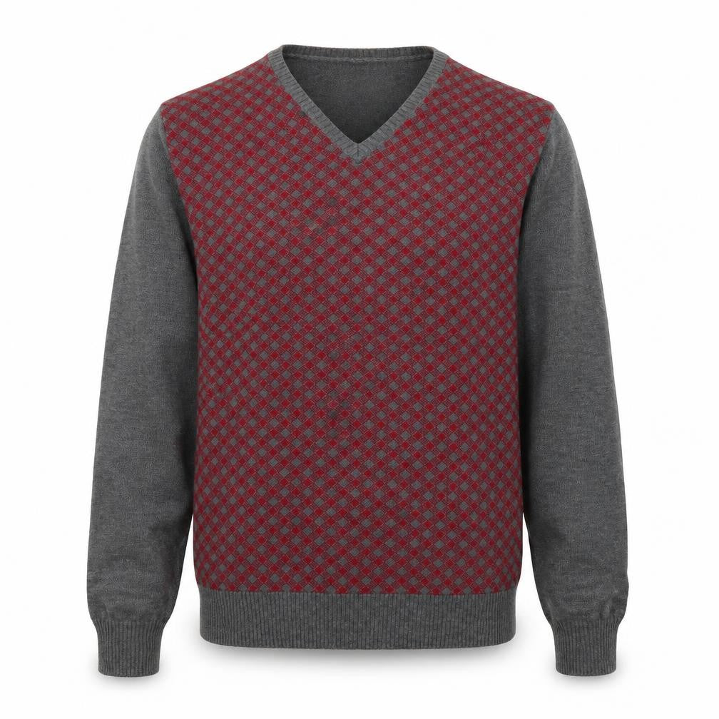 Front view of Ref 0273 men’s grey v-neck geometric cotton jumper, size S