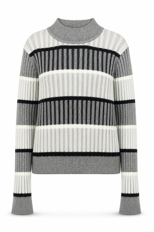 Front view of Select women’s grey high neck striped cotton jumper, size UK 12
