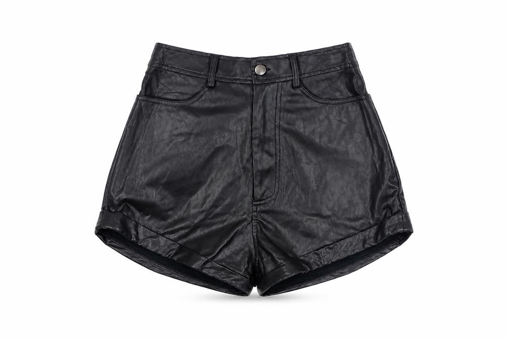 Front view of PRETTYLITTLETHING women’s black polyurethane hot pants shorts, size UK 6, 5-inch leg regular button